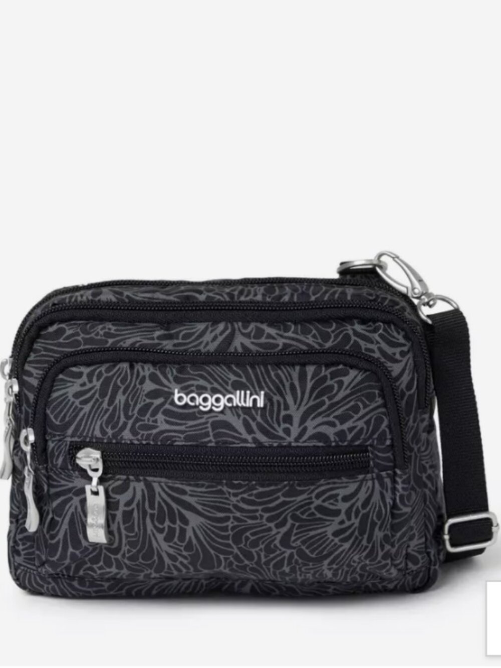 Baggallini Black Floral Triple Zip Crossbody